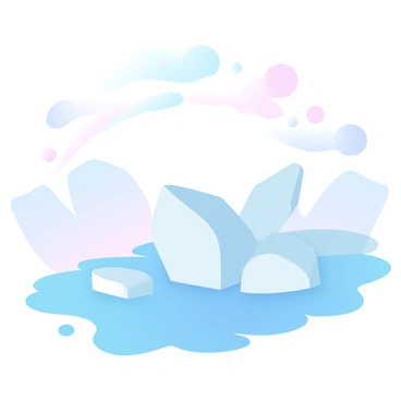 A scene of melting polar ice caps, showcasing large chunks of ice breaking apart and sliding into the ocean. The water is a light blue hue, contrasting with the white and blue tones of the ice. In the background, a gradient of soft pastel colors illustrates a rising level of carbon dioxide, represented by a series of floating circles that increase in size and opacity as they rise. The overall atmosphere conveys a sense of change and environmental awareness.