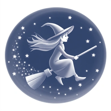 A witch on a broomstick is flying through a night sky filled with numerous stars. The witch has long flowing hair and is wearing a traditional pointed hat. The broomstick is elongated and features a simple wooden design. A trail of sparkling magic dust follows the broomstick in a curving line, creating a sense of movement and enchantment in the scene. The stars vary in size and brightness, dotting the dark sky throughout the background.