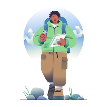 A geographer exploring different terrains with a backpack, compass, and a sketchbook.