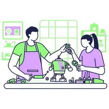 A tutor is standing next to a student in a workshop, both focused on assembling a small robot. The tutor, who has short hair, is wearing a blue apron over a t-shirt and pointing at a blueprint laid out on the workbench. The student, with long hair tied back, is holding a small robot part in their hands, attentively looking at the tutor. Various robot parts are scattered across the workbench, including gears, wires, and small tools. The walls of the workshop are lined with shelves filled with more tools and mechanical gadgets. A bright window allows natural light to illuminate the workspace.