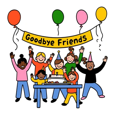 A cheerful scene featuring a farewell party for preschoolers. There are several colorful balloons in bright shades of red, blue, yellow, and green floating above. A large banner is hung across the room, displaying the words "Goodbye Friends" in bold, playful letters. In the foreground, a group of small children with varying skin tones and hair types are happily waving and smiling. Some are wearing party hats, and a table in the background is decorated with a cake and snacks. The atmosphere is filled with joy and excitement as the children celebrate together.