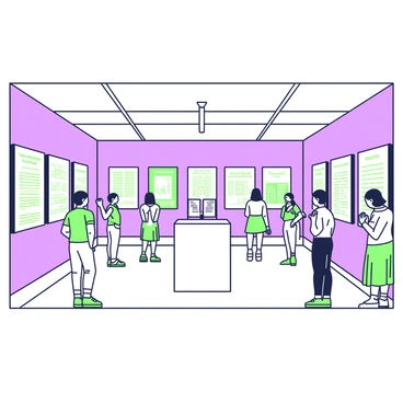 A spacious gallery is showcasing a series of illustrations representing each chapter of the Indian Constitution. The walls are adorned with large, framed pieces depicting various themes and concepts from the Constitution. Each illustration captures distinct elements, such as the Preamble, Fundamental Rights, and Directive Principles of State Policy. Visitors are seen observing the artworks, some taking notes while others discuss the illustrations. In the center of the gallery, an information stand provides pamphlets about the Constitution and the significance of each chapter. The lighting is bright, highlighting the details of each illustration.