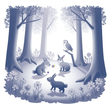 A dense forest with towering trees, their trunks thick and bark textured. The ground is covered in a variety of flowers, each with distinct shapes and sizes, creating a lush landscape. Friendly woodland creatures, such as a curious rabbit, a playful fox, and a wise owl, are scattered throughout the scene. The rabbit is sniffing a flower, while the fox is perched nearby, observing its surroundings. The owl is perched on a low branch, looking down at the forest floor. Sunlight filters through the leaves, casting intricate shadows on the ground.