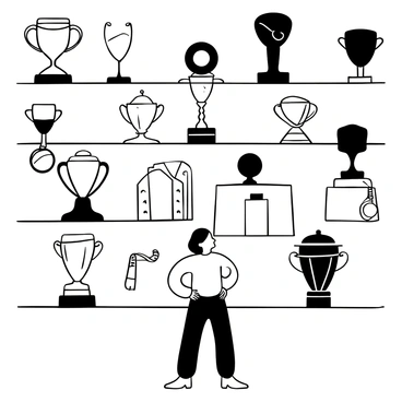A wall filled with various trophies and medals displayed prominently, showcasing different shapes and sizes. Each trophy has intricate designs, and the medals hang from hooks, gleaming in the light. In the foreground, a figure resembling Serena Williams stands, her posture indicating admiration as she gazes at the impressive collection. The background features a simple, neutral space that frames the trophy wall effectively.