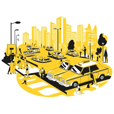 A fleet of yellow taxis lined up on a bustling city street