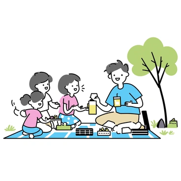 A family of four sitting on a large, checkered rug in a grassy park under bright sunlight. The father, wearing a light blue shirt and beige shorts, is pouring lemonade from a glass pitcher into cups. The mother, dressed in a white blouse and a floral skirt, is holding a plate of sandwiches. Two children, a boy wearing a red t-shirt and blue shorts, and a girl in a pink dress, are excitedly reaching for a bowl of fruit. A picnic basket with an open lid sits next to them, surrounded by various snacks. Trees with green leaves provide shade in the background.