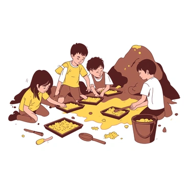 A group of children is sifting through rocks at a small-scale gold mining site. The children are using small wooden trays to carefully separate dirt and stones from shining flecks of gold. The site is surrounded by piles of rocks and dirt, with the sun casting light that reflects off the golden particles. Some children are kneeling, focused intently on their work, while others stand with excitement, sharing their finds. There are small wooden tools scattered around, and a nearby bucket is filled with the collected material.