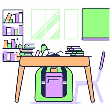 A school bag is positioned under a student's desk, partially hidden from view. The desk is made of wood and has a smooth surface, with a few open books and scattered notes on top. Several textbooks, displaying various titles, are stacked neatly to the side of the desk. The classroom around the desk is filled with more books on shelves along the walls, a chalkboard at the front, and a few chairs arranged in rows. Sunlight filters through a window, casting shadows on the floor.