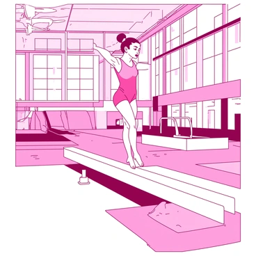 A pink gymnast with a focused expression is executing an elegant routine on a white balance beam. She is in a dynamic pose with one leg extended gracefully, and her arms are positioned in an elegant arc above her head. The spacious gym features tall ceilings and large windows allowing natural light to stream in, illuminating the polished wooden floor. Surrounding the balance beam, there are colorful mats laid out on either side for safety. In the background, gymnastic equipment such as uneven bars and a vault can be seen, enhancing the atmosphere of the gym.