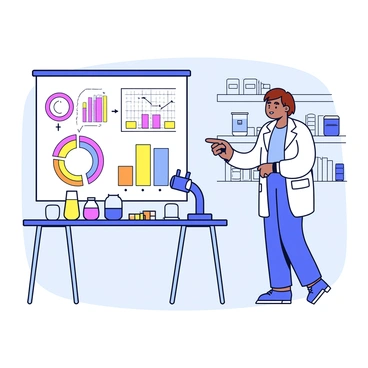 A scientist with short brown hair wearing a white lab coat stands in a laboratory. The scientist is pointing towards a large display board filled with colorful charts and graphs analyzing data. On the table beside the scientist are various laboratory equipment such as test tubes and a microscope. The lab includes shelves with labeled containers and scientific books in the background.