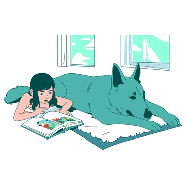A teal German shepherd is lying comfortably on a soft, white carpet next to two children. One child, a girl with pigtails, is holding an open storybook with colorful illustrations, while the other child, a boy with short hair, leans in closely, pointing at a picture in the book. The German shepherd rests its head on its paws, looking relaxed and attentive to the children. Sunlight filters through a nearby window, illuminating the scene softly.