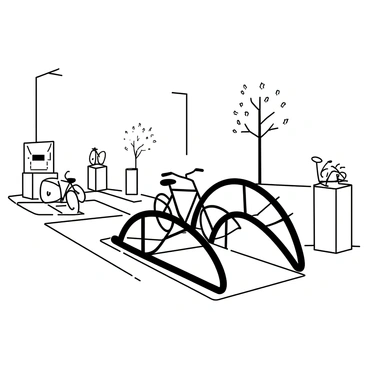 A bike rack designed to resemble a sculpture, situated in a modern art district. The bike rack features curving lines and geometric shapes, integrated seamlessly within the urban landscape. Surrounding the rack, there are a few contemporary art pieces displayed on pedestals. The pavement is composed of large square tiles, and there are trees with minimal foliage lining the area. The scene is populated with a few bicycles parked on the rack, showcasing various designs and styles. A clear sky is above, emphasizing the open and artistic environment.