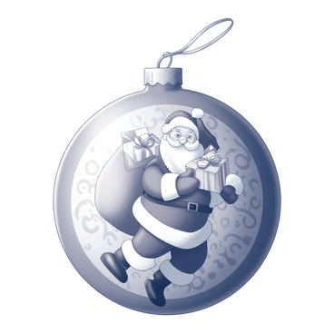 A Christmas ball ornament. The ornament is round and shiny, featuring a detailed image of "Santa Claus holding a sack of presents." The sack is overflowing with different wrapped gifts, visible from the opening at the top. The background of the ornament showcases swirling patterns, enhancing the festive theme. A delicate ribbon is attached to the top for hanging. The entire scene captures the essence of holiday cheer and celebration.