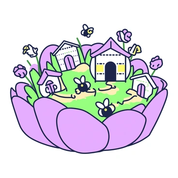 A quaint village of bees is nestled within large petals. The village features multiple bee-sized houses constructed from natural materials, resembling tiny cottages with rounded roofs. Each house has small entrances and windows, making them look inviting. Surrounding the houses, there are vibrant flowers with intricate details, adding to the charm of the scene. Bees can be seen flying in and out of their homes, with some perched on nearby blossoms, collecting nectar. The overall atmosphere is lively and bustling, showcasing the harmonious relationship between the bees and their floral environment.