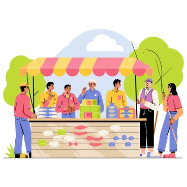 A market stall with a colorful awning and a wooden counter displaying fresh bait options. The stall is filled with various types of bait, including shiny silver fish, vibrant worms in shades of pink and red, and packs of crickets. Enthusiastic anglers, a diverse group of men and women, are gathered around the stall, examining the bait. Some are holding fishing rods, while others are discussing their favorite fishing spots. Lush green trees and a blue sky can be seen in the background, adding to the lively atmosphere of the market.