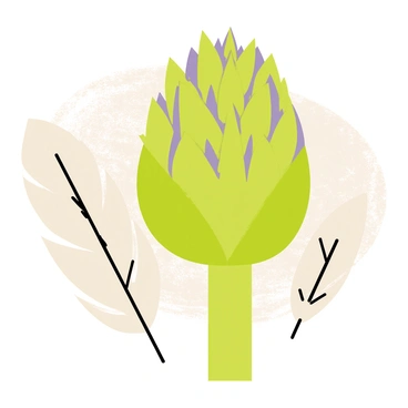 An artichoke with green leaves displaying subtle shades of purple sits beside a delicate, white feather. The background is a textured surface with soft earth tones, enhancing the natural elements of the artichoke and the feather. The feather has fine details and a slight curve, contrasting with the bold, layered structure of the artichoke.