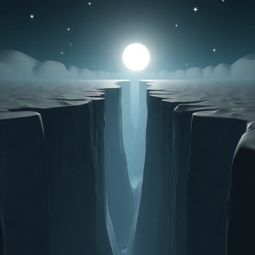 A wide chasm is illuminated by the soft glow of the moonlight. The jagged edges of the chasm are sharply defined, creating stark contrasts between light and shadow. Mysterious shadows loom within the depths, suggesting hidden contours and crevices. The night sky above is clear, with a few scattered stars visible, enhancing the serene yet enigmatic atmosphere of the scene. The moon, full and bright, casts a silver sheen over the rocky surface, revealing textures and details that add depth to the landscape.