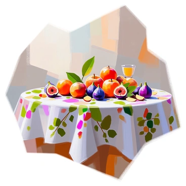A dining table covered with a richly patterned tablecloth featuring intricate designs of fig leaves and various fruits. The tablecloth is predominantly in shades of green and deep purple, enhancing the vintage vibe of the scene. On the table, there are several ripe figs, scattered among other fruits like peaches and bright red apples, adding to the overall lushness of the composition. The setting is warm and inviting, suggesting a cozy dining experience. The edges of the tablecloth elegantly drape over the table, complementing the beautifully arranged fruits.