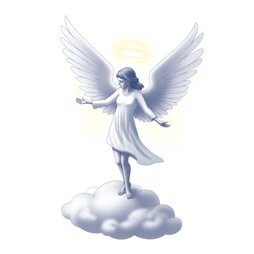 An angelic figure stands gracefully on a fluffy cloud. The figure has large, outstretched wings that reveal intricate feather details. The pose is serene and majestic, with the arms extended slightly outward. The cloud has soft, rounded edges, and there is a luminous aura surrounding the figure, enhancing its ethereal presence. The background features a gentle gradient that suggests a bright sky, adding to the overall feeling of divinity and peace.