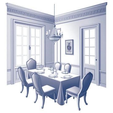 An elegant dining room with high ceilings and intricate crown molding. The centerpiece is a beautifully set table, adorned with fine china and polished silverware. A luxurious tablecloth drapes down to the floor. At the head of the table, there is a fauteuil with ornate carvings and rich upholstery. The room is accented with tall windows that allow natural light to fill the space, showcasing decorative elements such as a chandelier above and tasteful wall art.