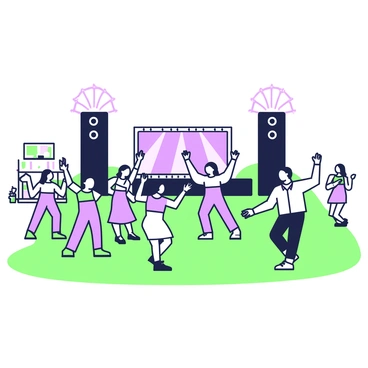 An outdoor music festival is taking place in a grassy area. In the foreground, several figures are dancing energetically, showcasing a variety of poses and movements. Some are raising their arms, while others are swaying to the rhythm. They are dressed in colorful clothing. In the background, a large stage is set up with towering speakers on either side. Bright lights are shining from the stage, illuminating the scene. To the side, there are food stalls and attendees enjoying refreshments, adding to the lively atmosphere of the festival.