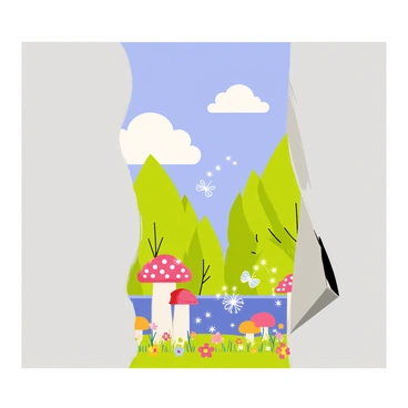 A surreal scene depicting a large section of a gray wall that appears to be peeling away. Underneath the peeling wall, vibrant colors emerge, revealing a fantasy world filled with lush green trees and oversized mushrooms. A bright blue sky shines above, dotted with fluffy white clouds while whimsical creatures like small fairies with translucent wings are flying around. The ground is covered in sparkling, colorful flowers that seem to glow. The transition between the gray reality and the vivid fantasy world is smooth, creating a captivating visual contrast.