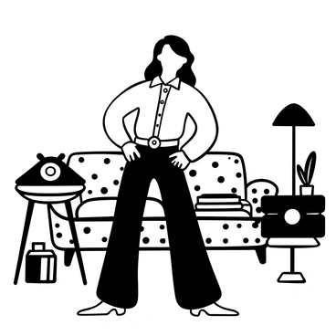 A model wearing a 70s style denim blouse with large buttons and flared jeans stands confidently in a vintage setting. She is posed against a backdrop of retro furniture, including a patterned sofa and a mid-century coffee table. A classic rotary phone sits on the table, alongside a stack of vinyl records. The model's hair is styled in loose waves, and she has a large, round belt buckle accentuating her waist. Decorative items such as a potted plant and a retro lamp complete the scene.