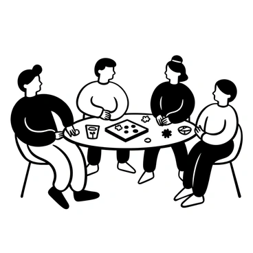 A faceless family gathered around a table playing board games, with snacks and drinks spread out.