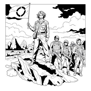 A strong female leader stands confidently on a rocky outcrop in a post-apocalyptic landscape. She has short, tousled hair and is wearing rugged tactical gear, including a weathered jacket and cargo pants. Her expression is fierce and determined as she holds a makeshift flag with a symbol that represents unity. Surrounding her are a diverse group of troops, including men and women of various ages, all clad in improvised armor and armed with salvaged weapons. The sky above is filled with dark clouds, casting dramatic shadows across the scene, emphasizing the urgency of their mission. In the background, remnants of a collapsed city can be seen, adding to the desolate atmosphere.