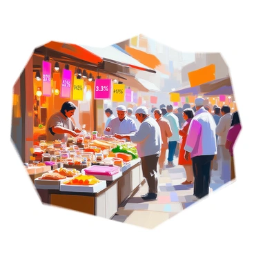 A bustling bazaar scene featuring numerous vendors displaying a wide array of items for sale. Colorful stalls are filled with goods such as handcrafted jewelry, spices in jars, vibrant textiles, and fresh produce. Above each stall, "discount" signs in bright colors grab attention. Shoppers of diverse backgrounds are seen engaging with vendors, examining products and making purchases. The atmosphere is lively with a mix of chatter, laughter, and the sounds of haggling as people move through the vibrant market.