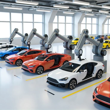 A row of industrial robots with metallic arms working on a factory floor, each robot is focused on installing a transmission into various vehicles. The robots have intricate joints and tools designed for precise movements. Surrounding them are partially assembled cars in various colors, positioned on conveyor belts. The factory setting is filled with bright overhead lights and large windows, showcasing a clean and organized workspace. The floor is smooth and is marked with safety lines, and there are additional robotic arms in the background, ready for other assembly tasks.