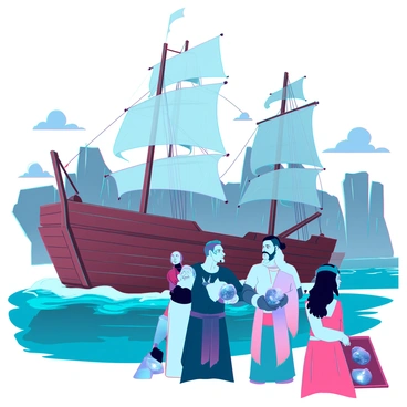 A group of ancient mariners with tanned skin and weathered faces is gathered around a large wooden ship. They are dressed in simple, flowing tunics made from natural fibers. One mariner holds a lodestone in his hand, its dark, magnetic surface gleaming in the sunlight. The ship is equipped with large sails billowing in the wind, and the sea is a deep blue, with gentle waves reflecting the daylight. In the background, distant rocky cliffs rise dramatically from the ocean, under a clear sky dotted with a few wispy clouds. The mariners are intently examining the lodestone, pointing towards the horizon as they discuss their course.