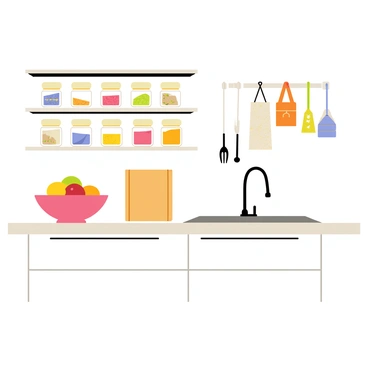 A modern kitchen featuring sleek cabinetry and a smooth countertop. Multiple glass jars filled with colorful ingredients are neatly arranged on open shelves. Reusable fabric bags are hanging from hooks on the wall, showcasing various patterns. A wooden cutting board sits on the countertop alongside a set of stainless steel utensils. A large bowl of fresh fruits adds a pop of color to the scene. The kitchen has bright lighting that highlights the eco-friendly arrangement.