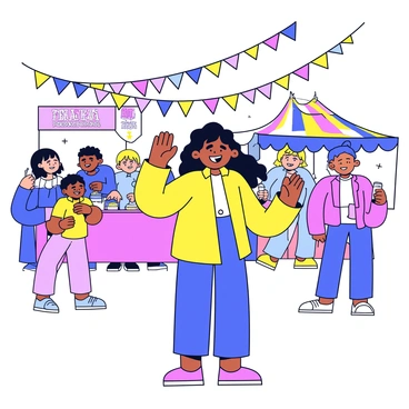 A blind participant with a joyful expression, wearing comfortable clothing, stands amidst a vibrant cultural festival. The participant holds their hands out, feeling the energy around them. Colorful banners and decorations fill the background, while food stalls are nearby, emitting enticing aromas. People are gathered, engaging in lively conversations and laughter, creating a festive atmosphere. The participant's hair gently moves with the soft breeze as they smile, fully immersed in the sounds and scents of the celebration.