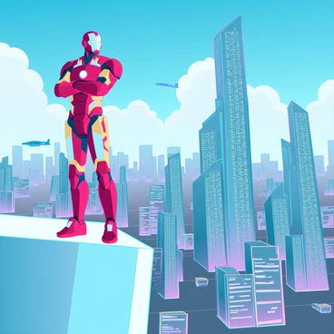 A futuristic armored figure resembling Ironman stands confidently on the edge of a sleek, modern skyscraper. The armor reflects the sunlight, displaying a vibrant red and gold color scheme with intricate mechanical details. The city skyline stretches out below, featuring a variety of high-tech buildings with glowing windows and flying vehicles darting between them. The sky is a brilliant blue with a few fluffy clouds, emphasizing the height and grandeur of the scene. The figure gazes thoughtfully over the bustling metropolis, ready for action.