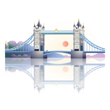 A detailed view of "London Bridge" stands majestically over the "Thames River." The bridge is adorned with intricate architectural details. The river below perfectly mirrors the structure, creating a clear reflection of the bridge's arches and towers on the water's surface. Gentle ripples in the river distort the reflection slightly, adding depth to the image. In the background, a soft gradient of colors in the sky hints at either dawn or dusk, enhancing the tranquil atmosphere surrounding this iconic landmark.