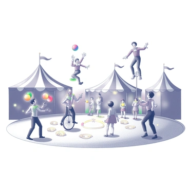 A vibrant circus scene filled with lively performers. A juggler is balancing brightly colored balls in the air, while a clown is riding a unicycle, wearing oversized shoes. Acrobats are mid-performance, showing off their stunts high above the ground. In the background, large, striped tents are set up, creating a bustling atmosphere. The ground is decorated with rings of light and scattered popcorn, adding to the festive environment. The audience can be seen in awe, captivated by the lively show.