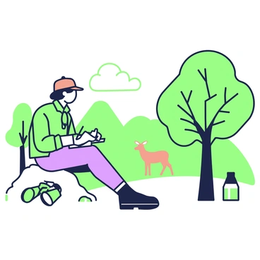 A scout is positioned on a small hillside, observing wildlife in the distance. The scout is wearing a green jacket and a brown hat, holding a notebook open on their lap while writing. Nearby, a pair of binoculars rests on the ground next to them. In the background, a variety of trees with leafy canopies are visible, along with a small group of deer grazing in a clearing. Soft sunlight filters through the branches, casting gentle shadows on the ground. The scene captures a tranquil atmosphere, focusing on the scout's engagement with nature.