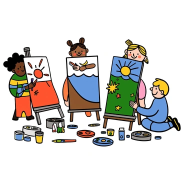 A group of children, varying in skin tones and hair types, are joyfully painting on three large illustration boards in an art class. One child, with curly black hair, is using a bright red paintbrush to create a vibrant sun on the board. Another child, with straight brown hair tied in pigtails, is applying blue paint to form a colorful ocean scene. A boy with short blond hair is excitedly splattering yellow paint, adding a cheerful touch to the composition. The children are surrounded by paint tubes, palettes, and other art supplies scattered around them. They are smiling and sharing ideas, evoking a sense of teamwork and creativity.