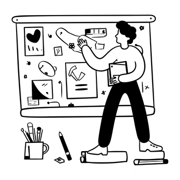 An illustrator with curly hair is standing in front of a large corkboard, pinning various panels for a graphic novel. The corkboard is filled with drawings, sketches, and notes. There are pushpins of different shapes and sizes holding the artwork in place. The illustrator is holding a stack of new panels in one hand, while the other hand reaches out to place a panel onto the board. A pencil is tucked behind one ear, and a mug filled with brushes sits on the table nearby. The background has a few art supplies scattered around, including markers and paper.