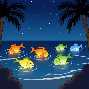 A vibrant ocean scene is depicted with gently rolling waves and a clear night sky filled with twinkling stars. Soft, glowing lanterns are shaped like colorful fish, floating gracefully on the water's surface. Each lantern emits a warm light, illuminating the surrounding area with orange, blue, and green hues. The ocean is a deep shade of navy, reflecting the light from the lanterns. Silhouetted palm trees frame the scene on either side, adding a tropical feel to the festive atmosphere.