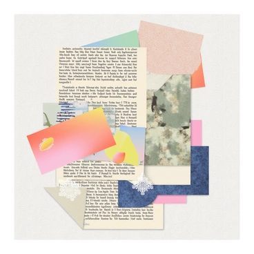 A collage composed of various printed materials and textures is displayed on a textured background. It features layered pieces of colorful magazine cutouts, old newspaper clippings with visible text, and textured fabric swatches. The arrangement includes shapes and patterns overlapping each other, creating a dynamic composition. A few pieces of lace are interspersed among the materials, adding delicate detail. The colors range from muted earth tones to vibrant hues, giving the collage a rich visual depth.