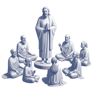 A large statue representing "Adiyogi" stands prominently in the center. Surrounding the statue are several "ethereal forms of ancient sages," each with distinct features and poses. The sages are depicted in various meditative stances, their robes flowing gently as if caught in a soft breeze. The expressions on their faces reflect deep wisdom and serenity. Each figure is intricately detailed, showcasing unique attributes such as long beards, staffs, and intricate jewelry. The scene conveys a sense of reverence and spirituality, with the Adiyogi statue serving as the focal point amongst the ancient sages.