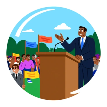 Jackie Robinson stands confidently at a wooden podium, wearing a crisp, dark suit and a tie. His expression is serious yet passionate as he addresses the enthusiastic crowd before him. The crowd is filled with diverse faces, showing excitement and engagement. Brightly colored banners wave in the air, displaying messages of support. Sunlight shines down, highlighting the scene as Jackie gestures expressively with one hand, emphasizing his words. The background features trees and a clear blue sky, enhancing the vibrant atmosphere of the moment.