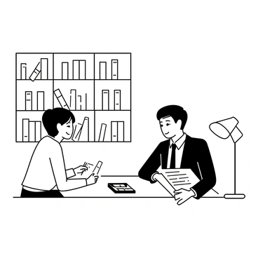 A student sitting at a wooden table in a library, leaning forward while engaged in conversation with a financial advisor. The student has short hair, wearing a casual sweater and jeans, and is taking notes on a notepad. The financial advisor, dressed in a formal suit with a tie, is sitting across from the student, holding a folder filled with documents. Bookshelves filled with various books fill the background, and a desk lamp with a warm glow illuminates the area around them. A laptop and a calculator are placed on the table, adding to the discussion about "student loan interest rates."