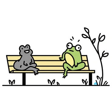 A frog with bright green skin and large round eyes, sitting on the left side of a wooden park bench. A toad with a more rugged, brownish texture is positioned on the right side of the bench. Both animals are facing each other, with the frog leaning slightly forward, as if excitedly telling a story. The toad has a wide smile, its mouth open in laughter. Around them, a tree with simple, minimal leaves provides some shade, and the ground is covered in a sparse layer of grass. A few small flowers are visible nearby, adding a touch of color to the scene.