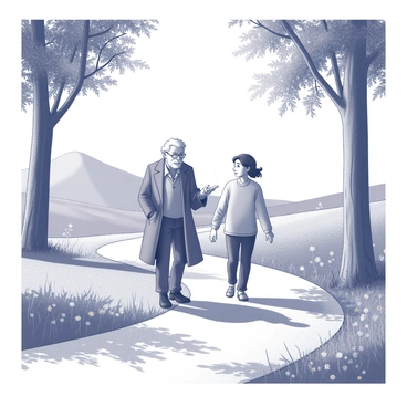A mentor and a disciple are walking together along a winding path. The mentor, an older figure with a long coat and a thoughtful expression, walks slightly ahead while gesturing with one hand as if sharing wisdom. The disciple, a younger individual with a curious look, is closely following, taking in the surroundings. The path is bordered by tall trees, their leaves rustling in the gentle breeze, and patches of grass with wildflowers that add texture to the scene. Sunlight filters through the branches, creating dappled patterns on the ground. In the background, a distant hill rises, completing the natural landscape.