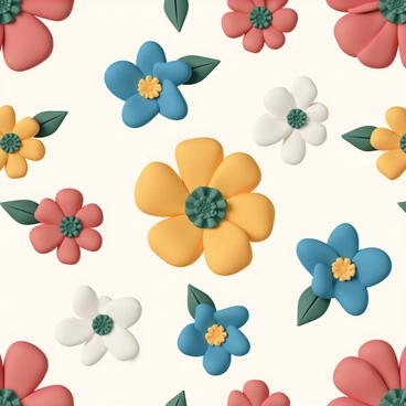A seamless pattern design featuring various flowers in different sizes and shapes. The flowers have bold colors such as bright red, deep blue, and vivid yellow. Each flower has distinct details, including layered petals, intricate centers, and lush green leaves surrounding them. The arrangement of the flowers is dynamic, creating a sense of flow and movement throughout the pattern. The background is a soft, neutral color that allows the vibrant flowers to stand out prominently.