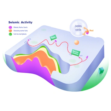 A modern pastel illustration of a detailed map showing seismic activity. The map features a series of prominent, clearly marked "normal faults" represented as dashed lines. Colorful, wavy lines indicate areas of increased seismic activity, with "red" and "orange" shades highlighting the most active zones. Tiny, labeled icons of earthquakes are scattered throughout the map. A legend in the corner explains the color coding, with arrows pointing to various fault lines. The overall design is clean and informative, emphasizing the geological features represented.