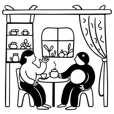 A frog and a toad sitting at a small round table inside a quaint little tea house, with delicate teacups in front of them. The frog is gesturing with one hand while the toad leans forward, listening attentively. Surrounding them are shelves filled with various jars of tea and herbs. A small window reveals an outside view of a lush garden with blooming flowers. A steaming teapot sits on the table, with wisps of steam rising into the air. The tea house has wooden beams and a cozy atmosphere, with patterned curtains fluttering gently.